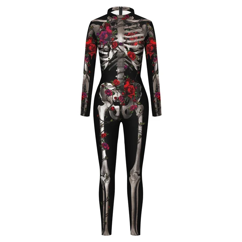 Color Cosplayer Halloween Skeleton Jumpsuit Gothic Rose Pattern Bodysuit Carnival Witch Ghost Cosplay Costume Party Zentai