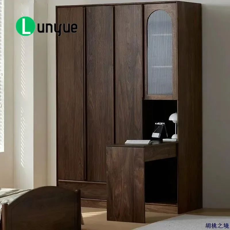North American Black Walnut and Cherry Wood Solid Wood Wardrobe with Integrated Corner Desk Bedroom Storage Opposite Door