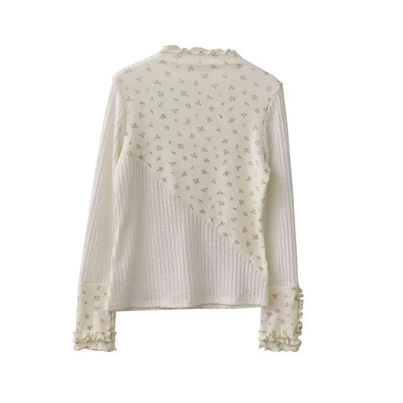 

Spring and Autumn Sweet Mushroom Lace Splicing Irregular Bottom Shirt for Women, Half High Collar, Slimming T-shirt