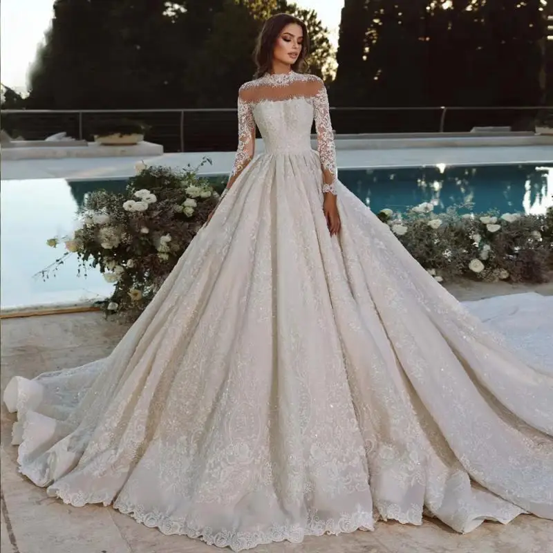 

Customized Ball Gown Royal Wedding Dresses High Neck Long Sleeve Vestido De Novia Embroidery Chapel Train Made Bridal Gown