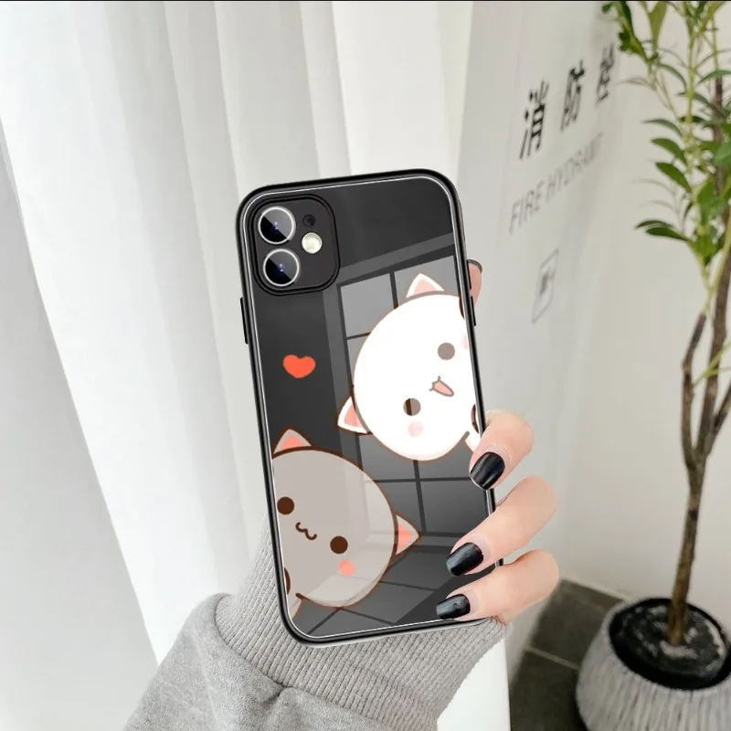 

Couple Cartoon Peach Mochi Cat Phone Case Tempered Glass FOR IPhone 14 13 11 12 Pro 8 7 Plus X 13 Pro MAX XR XS MINI Covers