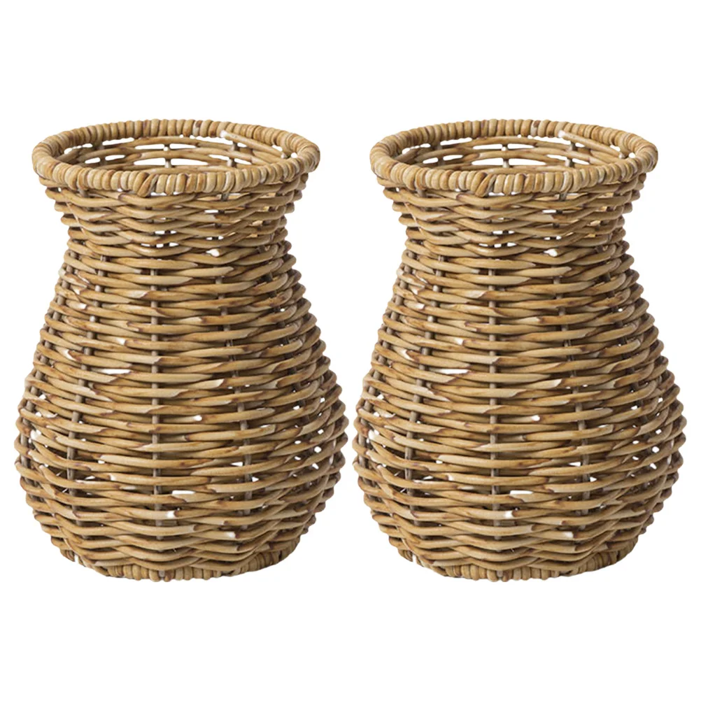 

2Pcs Woven Plastic Vase Rustic Farmhouse Decorative Flower Holders for Living Room Bedroom Tabletop Decor Handmade Imitation