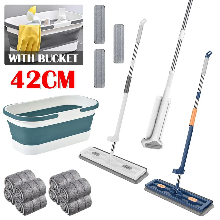 Enlarged Squeeze Mop with Mop Bucket Hand Free Wringing Floor Cleaning Microfiber Mop Household Magic Flat Mops Cleaning Tools