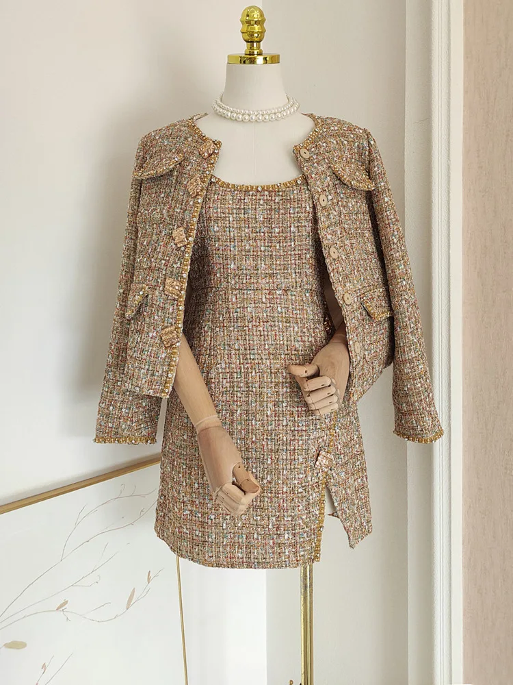 French Socialite Style Rough Tweed Luxury Diamond Studded Beads Sequin Suspender Slim Fitting Dress + Round Neck Cardigan Jacket