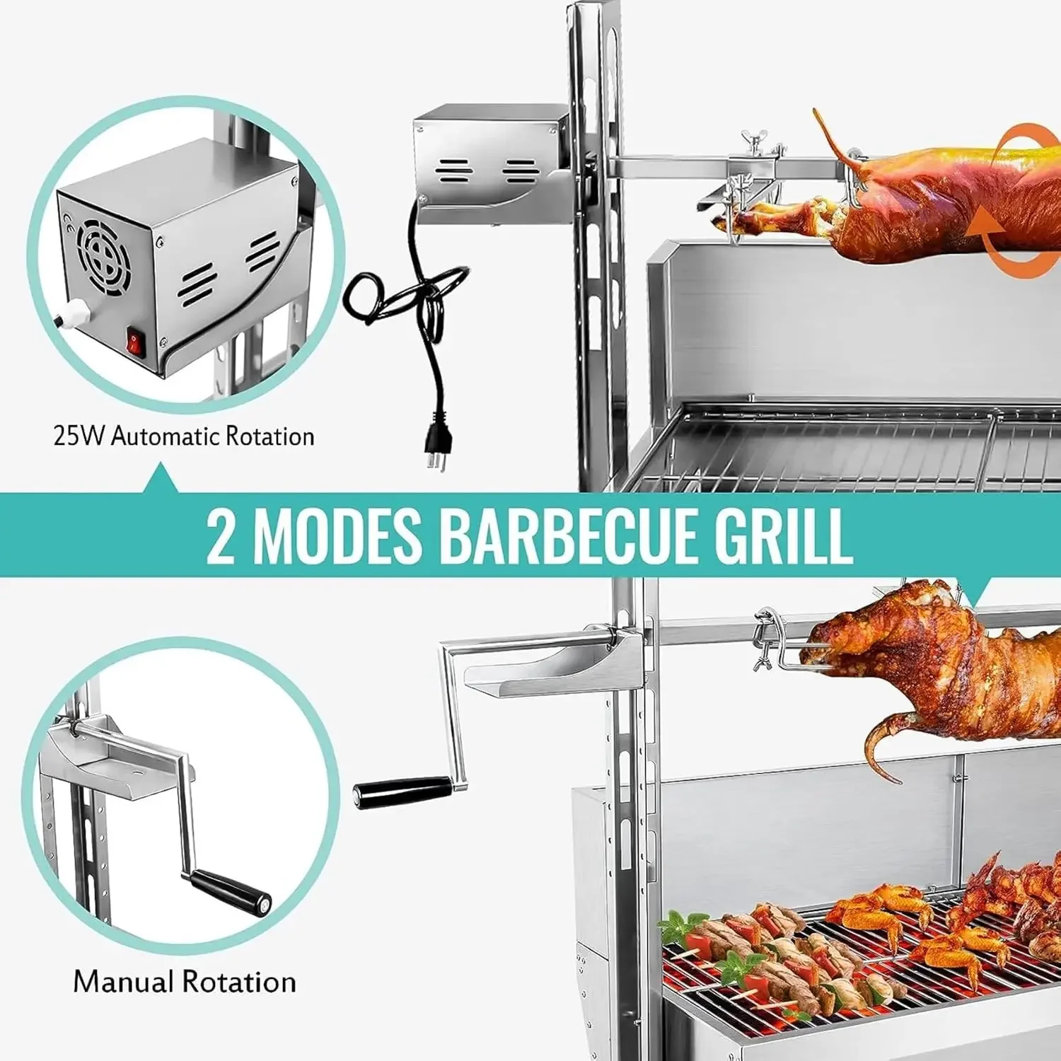 Steel Rotisserie Grill With Back Cover Guard, 25W Motor Small Pig Lamb Rotisserie Roaster, 48.7 Inch BBQ Charcoal Rotisserie Gri