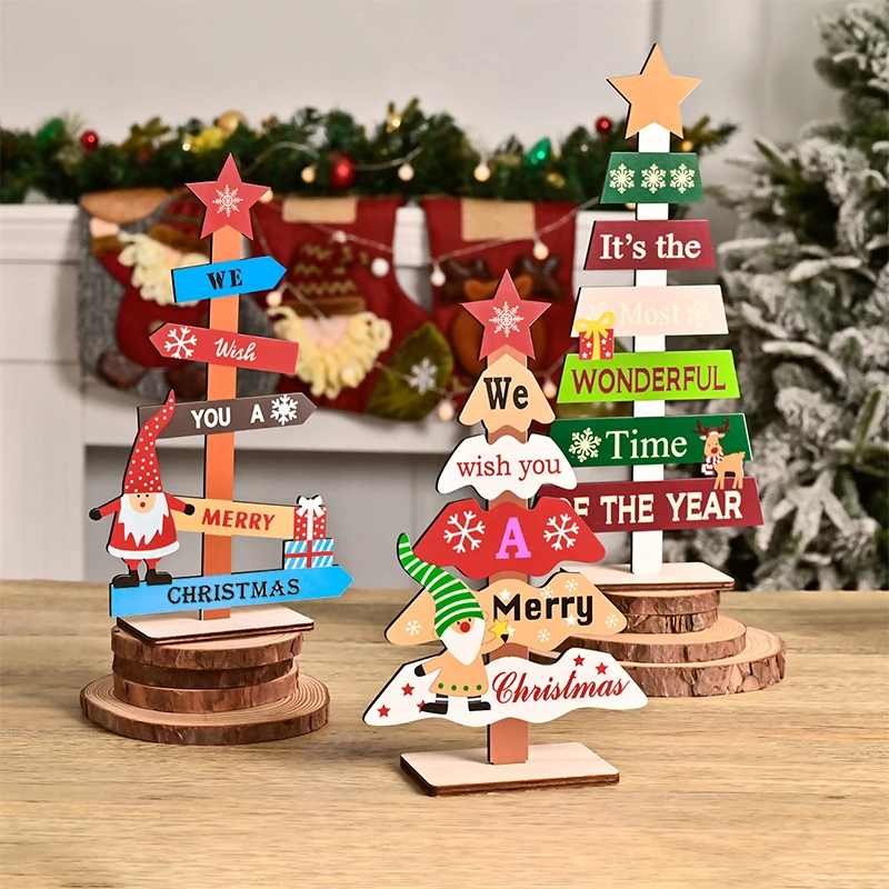 Wooden Christmas Tree Handmade DIY Christmas Party Tabletop Ornaments Cartoon Colorful Xmas Tree New Year Home Decoration Gift