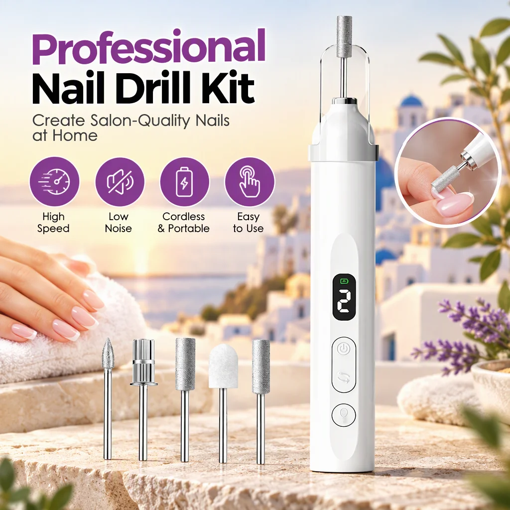 Electric Nail Drill 3-Speed with Dust Cover, Rechargeable Portable Manicure Tool, 5 Drill Bits, LED Light & Curing Lamp, Forward/Reverse Rotation for Home Nail Care
