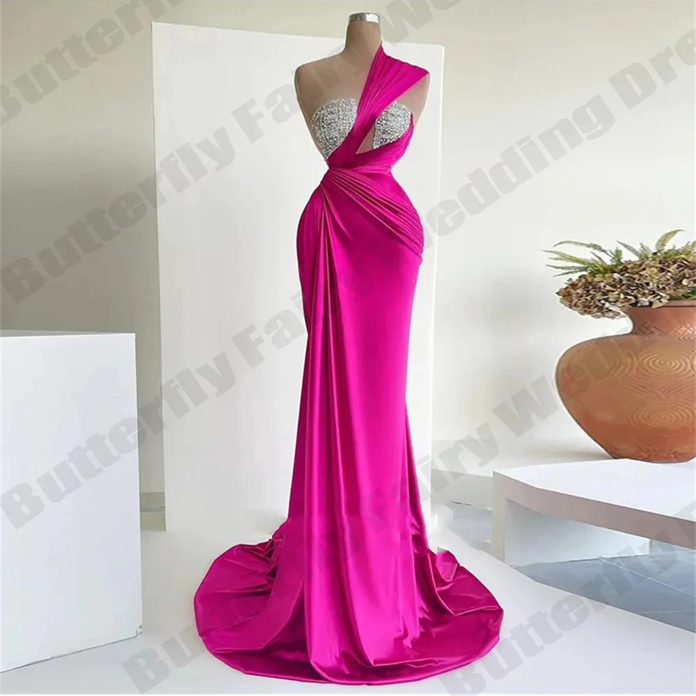 Sexy Sleeveless Backless Crystal Fascinating Dresses Gorgeous Satin Elegant Off Shoulder Sleeveless Mopping Evening Dresses 2023