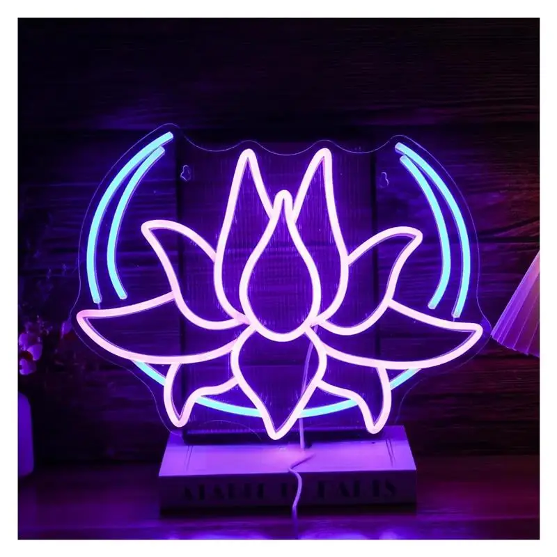 Moon Lotus Flower Neon Sign For Wall Decor Dimmable Light USB Powered For Coffee Party Yoga Room Home Man Cave Birthday