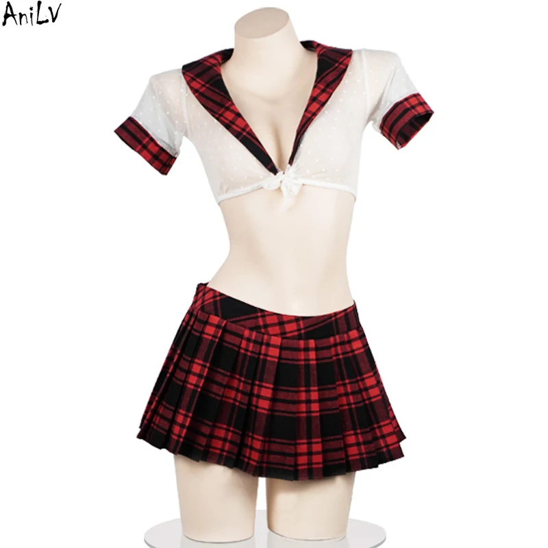 

AniLV Anime Girl Student Uniform Erotic Lingerie Women Leather Mini Pleated Skirt Short School Sailor Outfits Costumes
