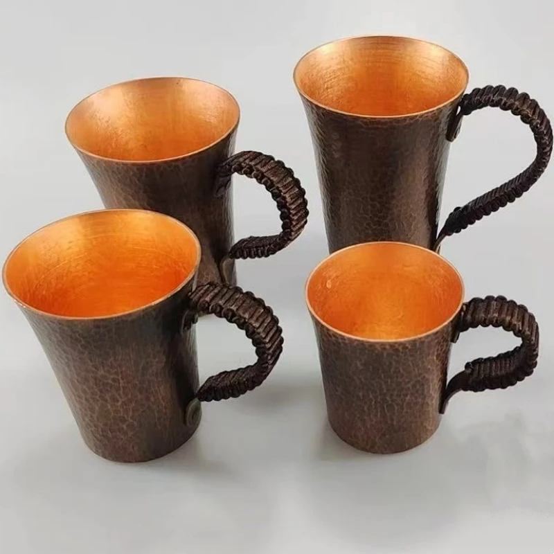 Vintage Pure Copper Coffee Cup,Mug Moscow Mule Tumbler Engraving Hammer Texture Woven Handle 450 ml Beer Mug,Tea Cup Tableware