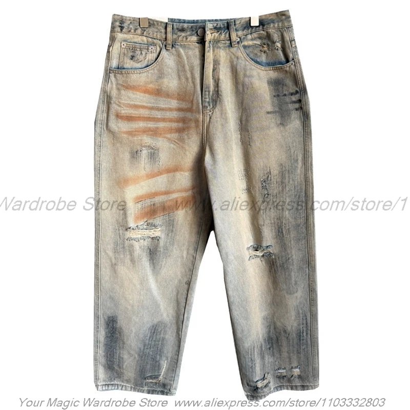 2026 Retro Distressed Post-Apocalyptic WastelStyle Vibe Yellow Mud Dyed Ripped Jeans Men's Straight Loose Wide Leg Pants