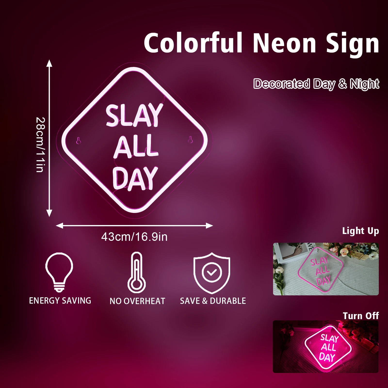 Slay All Day Neon Sign Pink Led Neon Light For Wall Decor LED Neon Light Aesthetic Light Sign Bedroom Room Dorm Party Y2K Gift