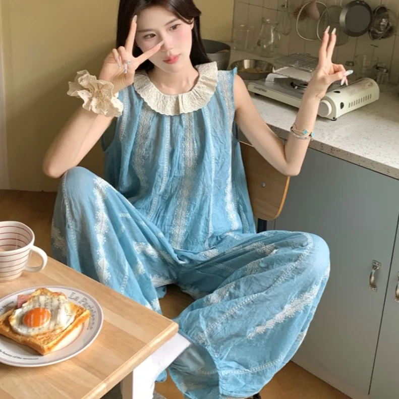 

Summer Women's Sleepwear Sweet Lace Striped Home Clothes Set Vest Strap Long Pants Thin Cotton No-Sleeve round Neck Gown