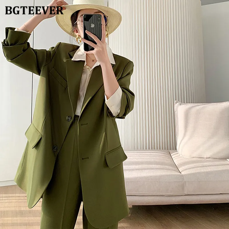 BGTEEVER Stylish Loose Female 2 Pieces Blazer Set Long Sleeve Single-breasted Suit Jackets Women Straight Trousers Suits