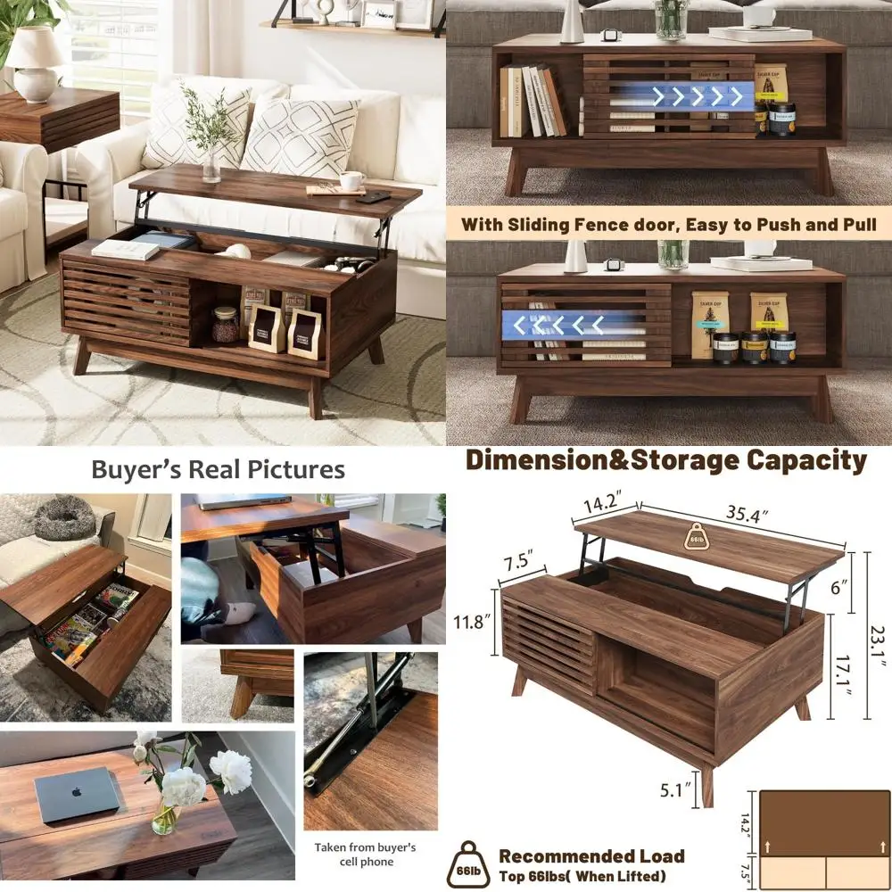 Mid Century Modern Lift Top Coffee Table with Storage, Walnut Living Room Table featuring Sliding Feature