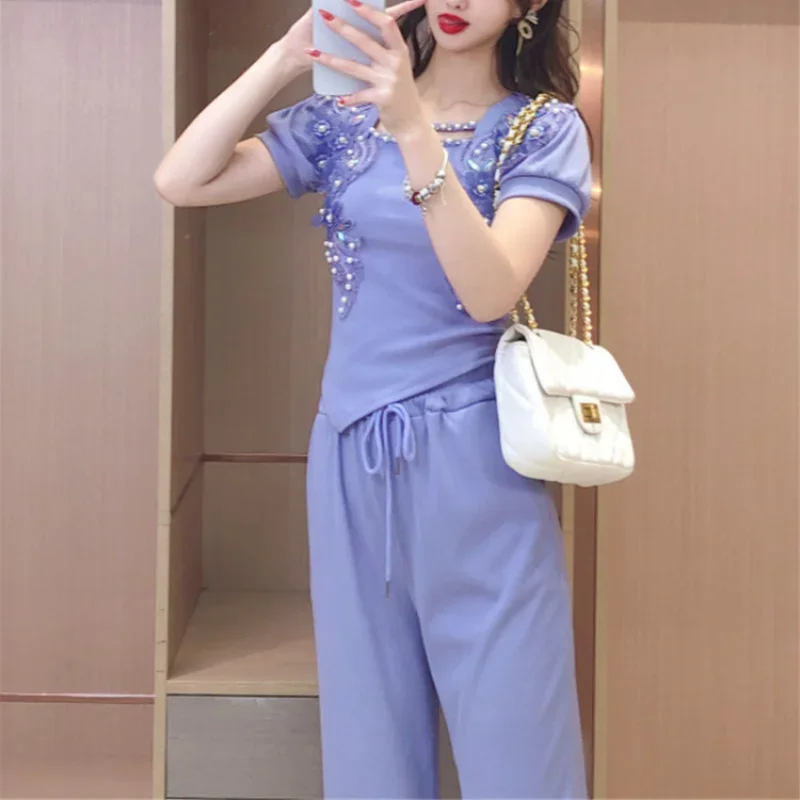 Korean Style Wide Leg Trousers Woman Purple Pant Sets for Women 2 Pieces Tailor Fashion Clothing 2024 With Sleeve Classy Sales D