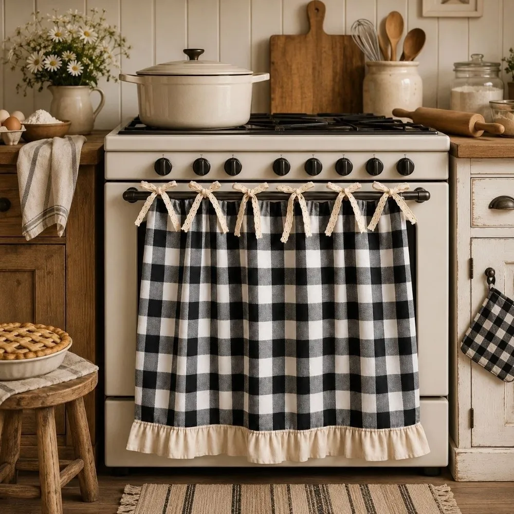 Ruffle Trim Bow Tie Oven Cover Curtain Cotton Linen Blend No Drilling Rustic Oven Decor Curtain Dust-proof Tie Ribbon