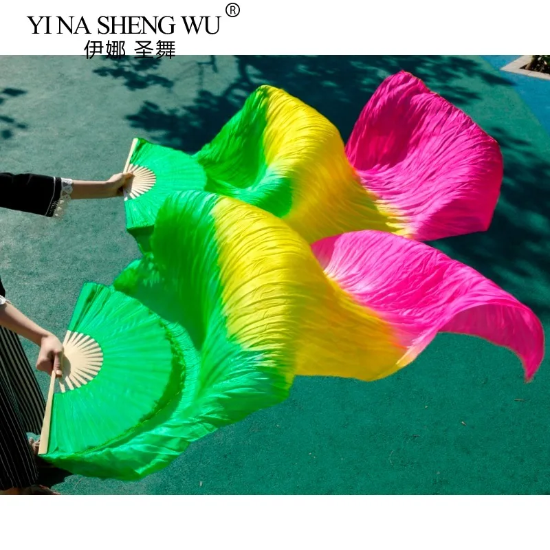 Haute vente à la main femmes qualité soie danse du ventre ventilateur danse 100% réel soie voiles 1 paire vert jaune Rose 180*90 Cm
