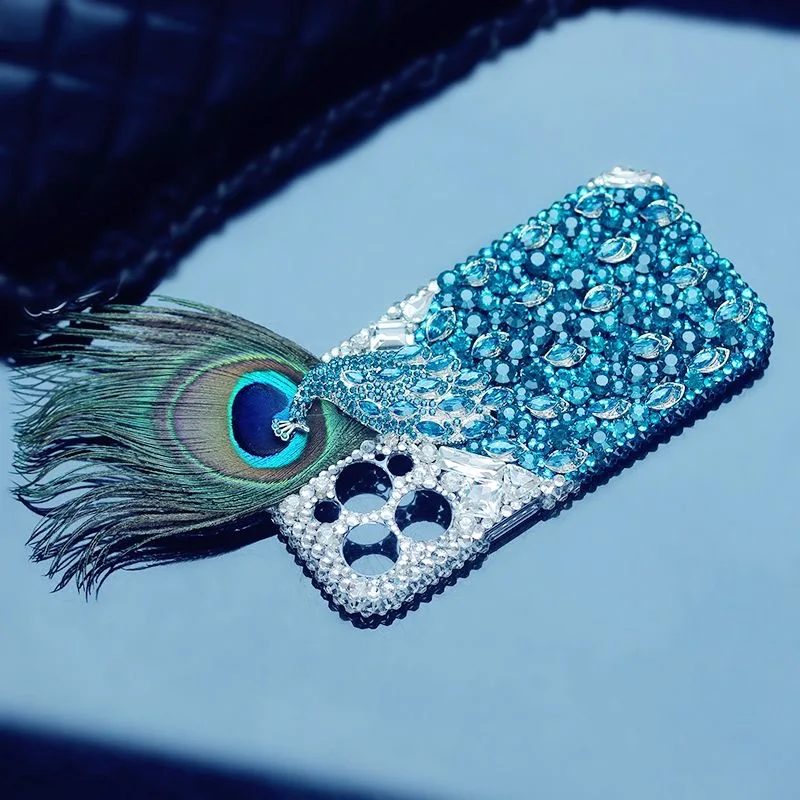 

Purely handmade, suitable for Apple creative peacock rhinestone mobile phone case peacock blue diamond design, delivery within