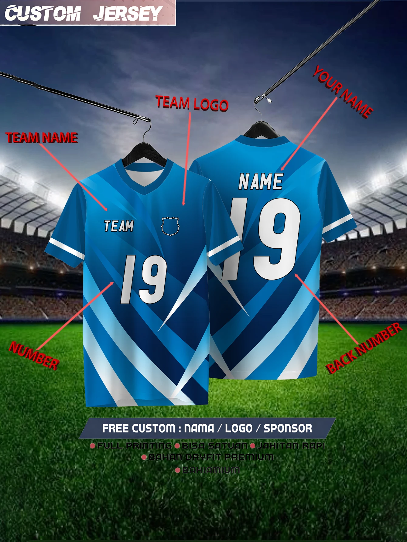 

Customized Geometric Sky Blue Short Sleeved Shirt with Team Name, Emblem, Name and Number, Outdoor Sports Short Sleeved T-shirt