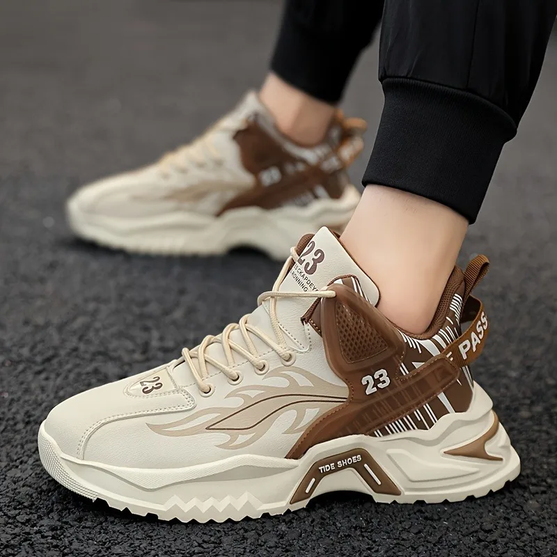남성용 신상 가을 겨울 신발, 하이컷 두꺼운 밑창 스포츠화, 학생용 가죽 러닝 농구화 대형 사이즈