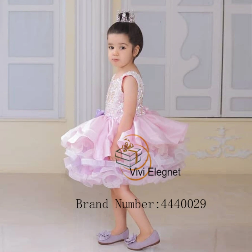 

Charming Scoop Flower Girl Dresses with Sequined Pink Tutu Tiered Princess Sleeveless Birthday Wedding Party Gowns فساتين اطفال