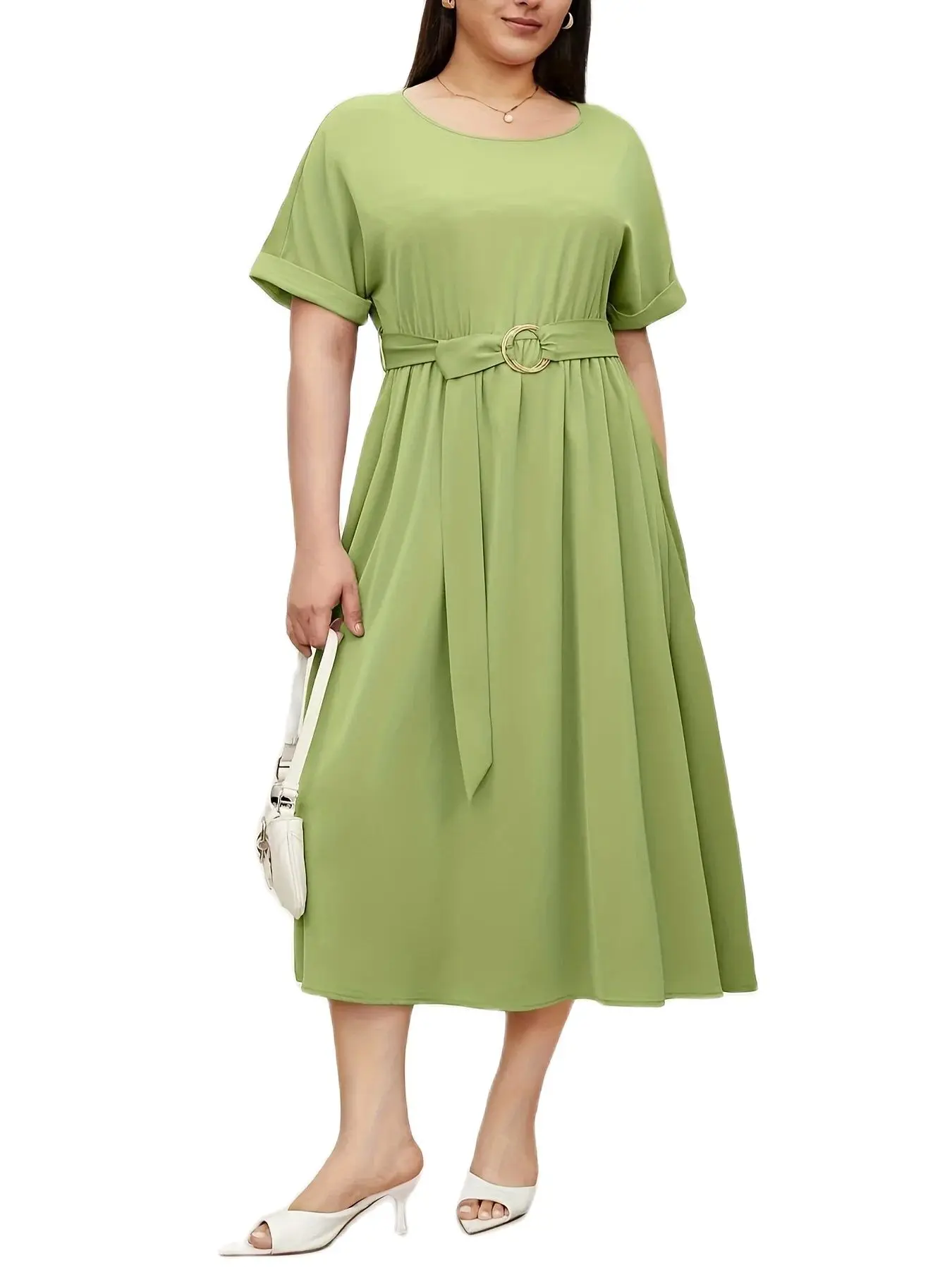 Plus Size Solid Color T-shirt Long Dress Ring Belt Tie Elegant Gentle Lady Go To Work Commuting Shopping Dating Party can Worn