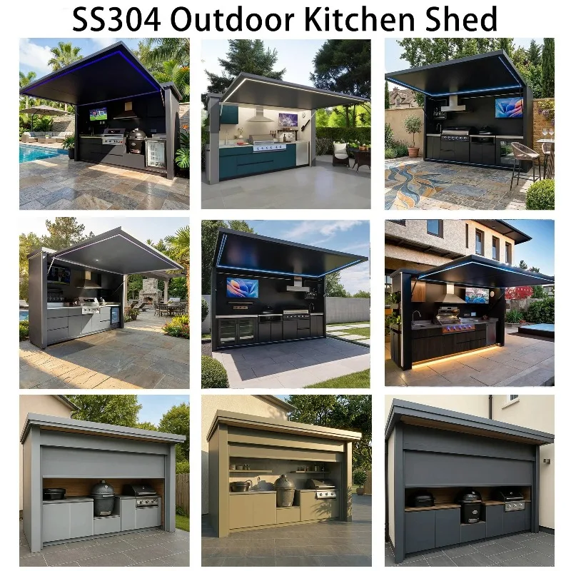 Prebuilt Outdoor Kitchen Pod European Style Stainless Steel 304 Environmental Protection with Shed for Garden Cooking SS304