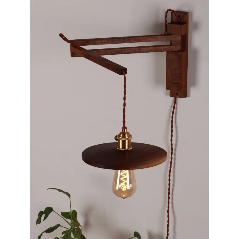 مصباح جداري قابل للطي من خشب الجوز الأسود لغرفة النوم بجانب السرير وغرفة المعيشة وديكور حائط الخلفية من الخشب الصلب #4