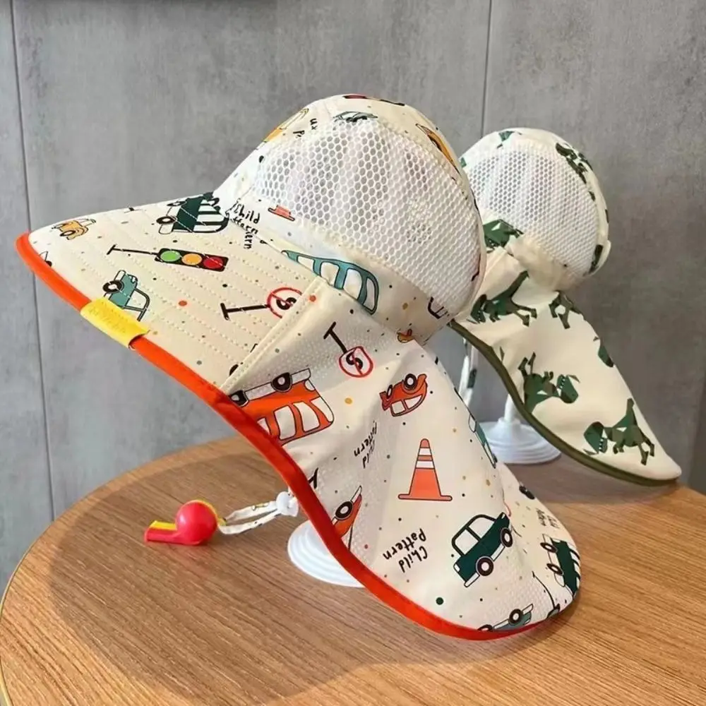 

New Cartoon Print Kids Bucket Hat UV Protection Breathable Mesh Sun Cap Children's Beach Shawl Hat Wide Brim Panama Hat