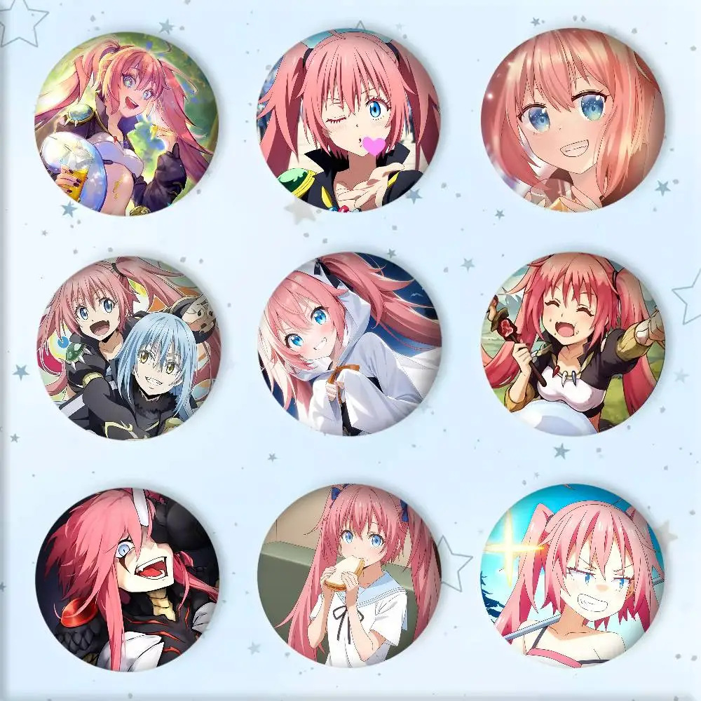 Anime R-Regarding Reincarnated to S-Slime Milim Nava Badge Tinplate Round Laser Brooch Clothes Backpack Accessories Lapel
