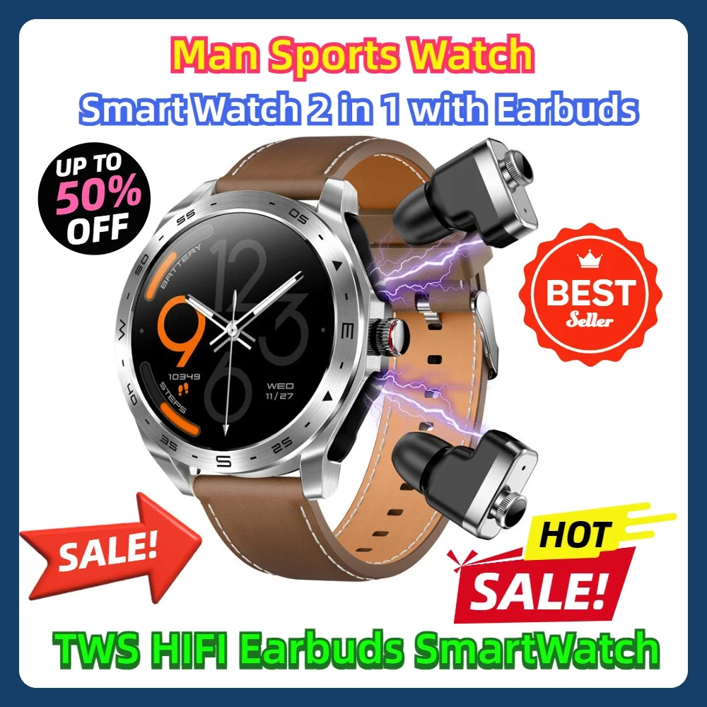 Music Man Sports Watch TWS Smart Watch 2 in 1 with Earbuds HIFI Earbuds SmartWatch with Speaker Tracker