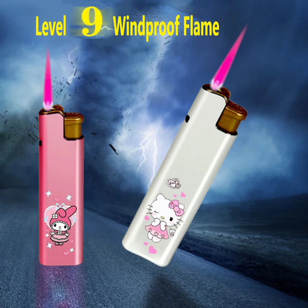 MINISO Kuromi Cinnamoroll Pink Flame Lighter Cartoon Pattern INS Windproof Lighters For Boyfriend KTV Bar Cigarette Lighter Gift