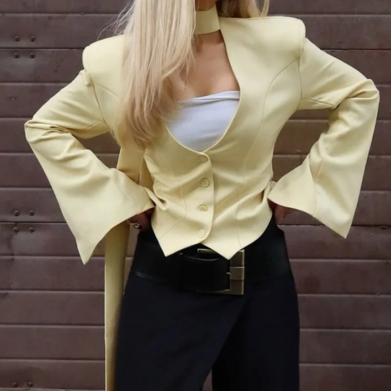 

Женский модный блейзер BWQ: однотонный, с шарфом-лентой, V-образным вырезом, на пуговицах, роскошный, для вечеринок, новая коллекция, приталенный крой, 2026