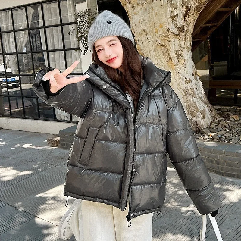 

Winter Shiny Cotton Jacket For Women Solid Color Simple Drawstring Hooded Quilted Coat American Fashion High Street Warm Coat