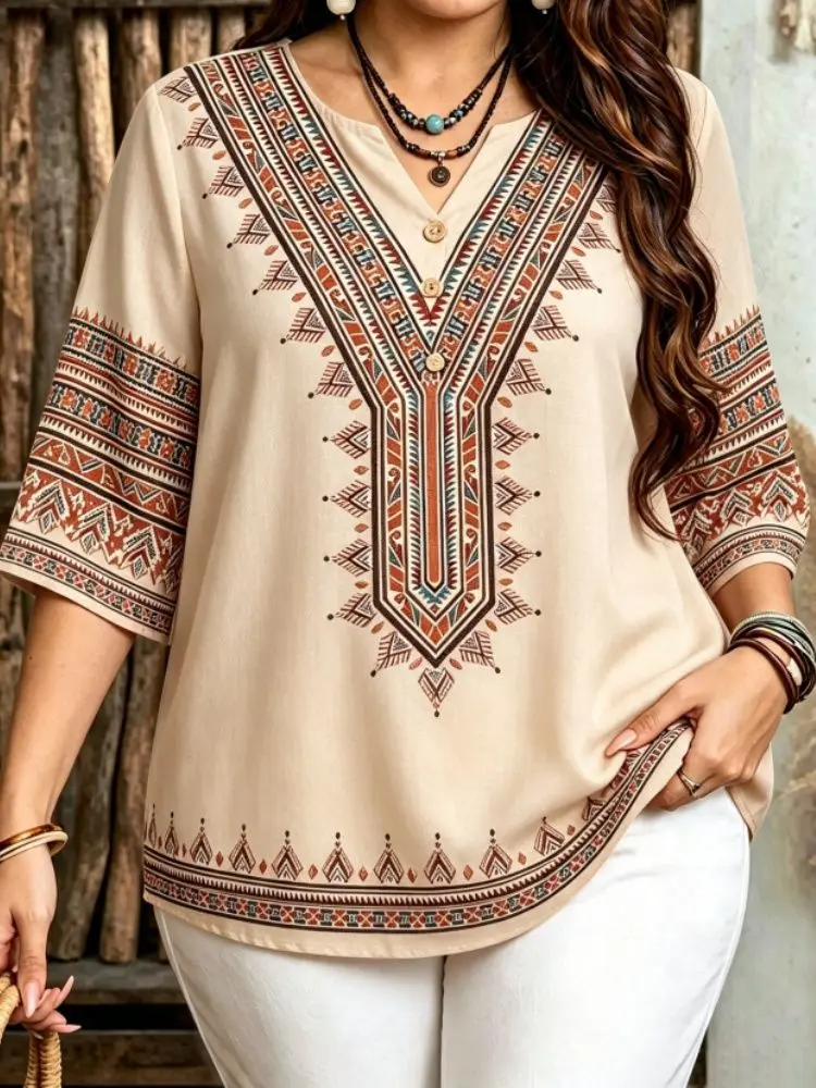 Plus Size Women Bohemian Geometric Print Blouse Notch V Neck 3/4 Sleeve Partial Button Loose Casual Ethnic Vacation Shirt