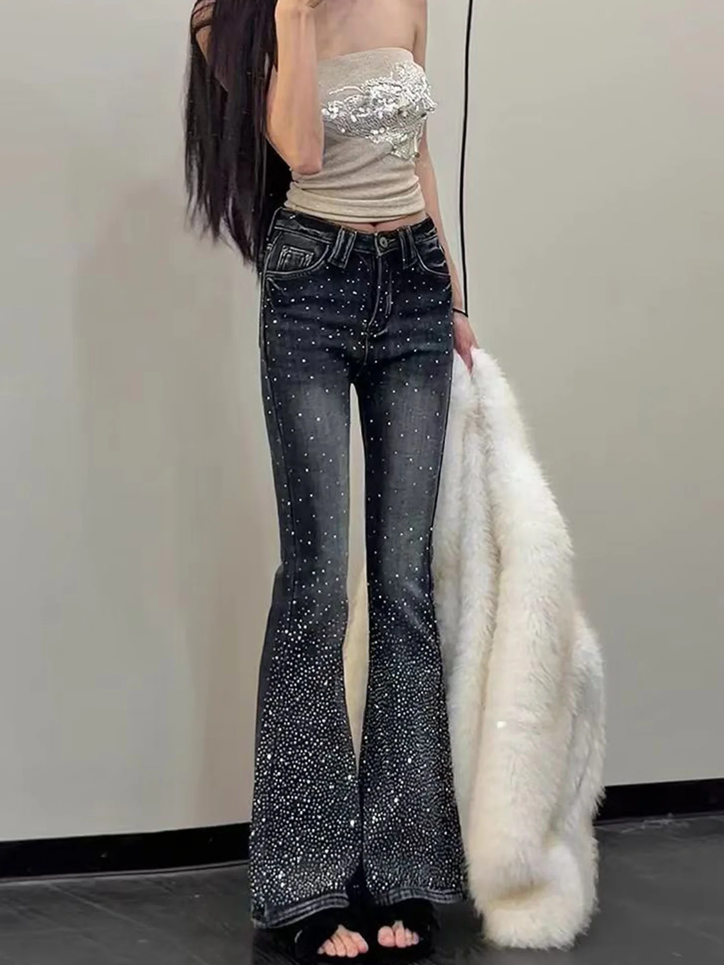 

American Design Sensation Slim Fit Women's Jeans Retro Faion Starry Diamond Micro Flared Long Pants Hot Girl Sle