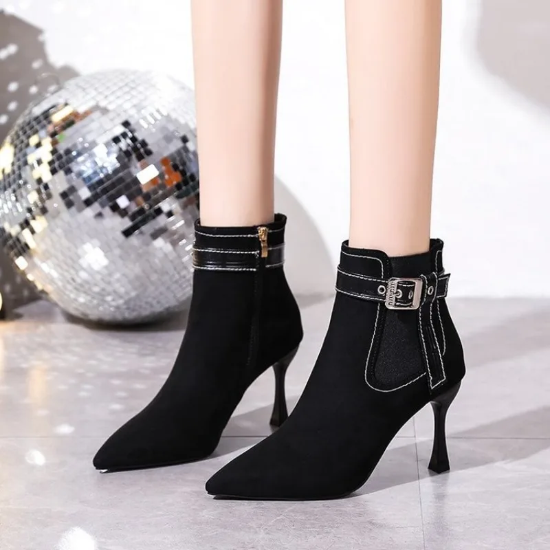 Women High Heels Snow Ankle Boots Sexy Pointed Toe Shoes Woman 2025 Trend New Brand Winter Stilettos Buckle Designer Pumps Mujer