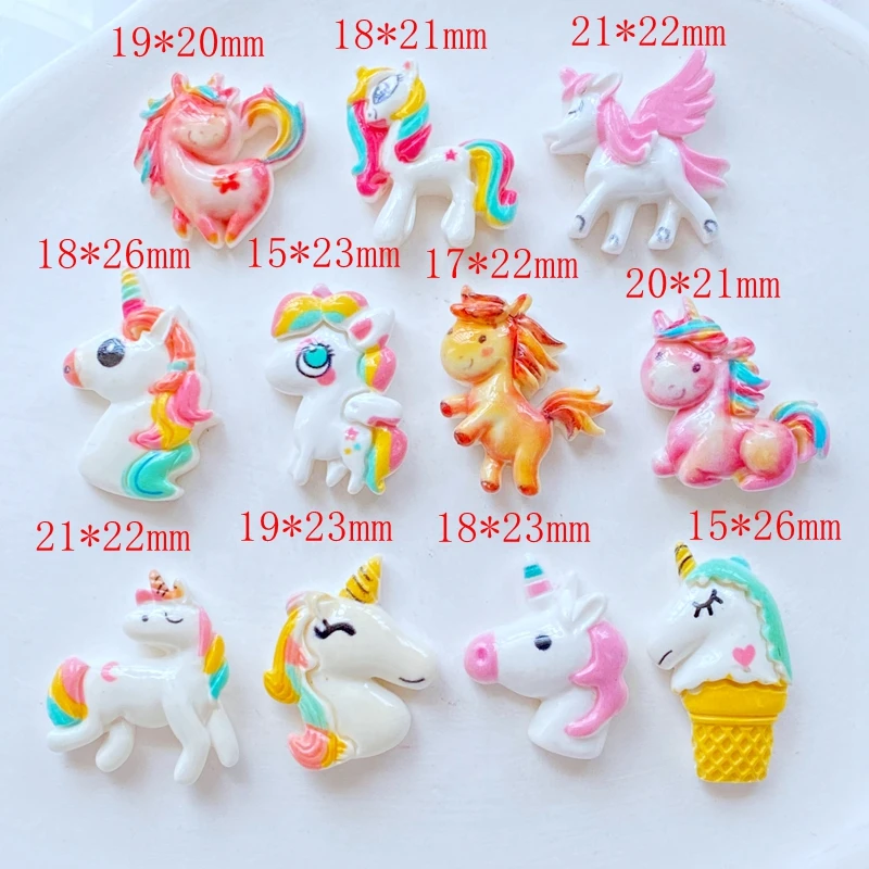 Mini unicornio de dibujos animados mezclados, cabujones de resina de espalda plana, collar, colgante, llavero, dijes, decoración DIY, nuevo, 10