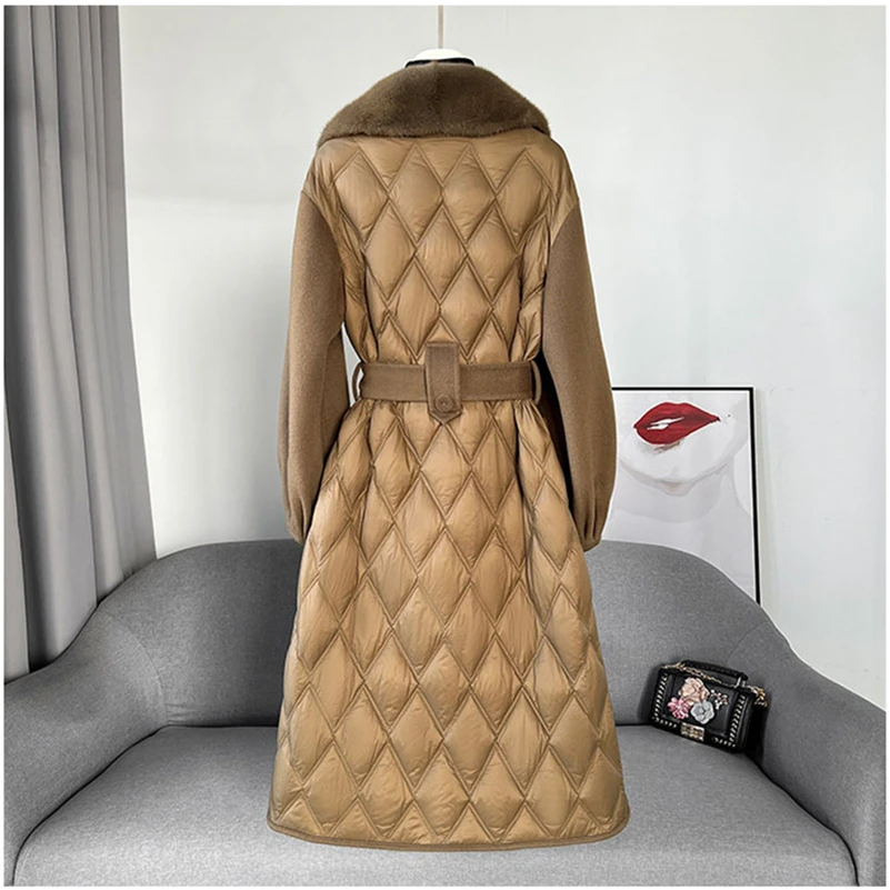 Aorice Women Luxury Winter Wool Jacket Down Coat Femal Mink Fur Collar Coats Lady Long Over Size Parka Trench CT2154