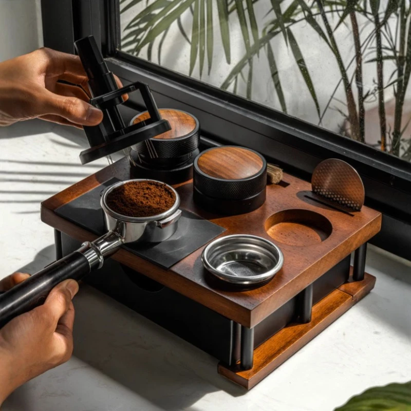 

51-58mm Wooden Coffee Tamper Station Stand with Knock Box Coffee Organizer Box for Portafilter Tamper Distributor &Puck Screen