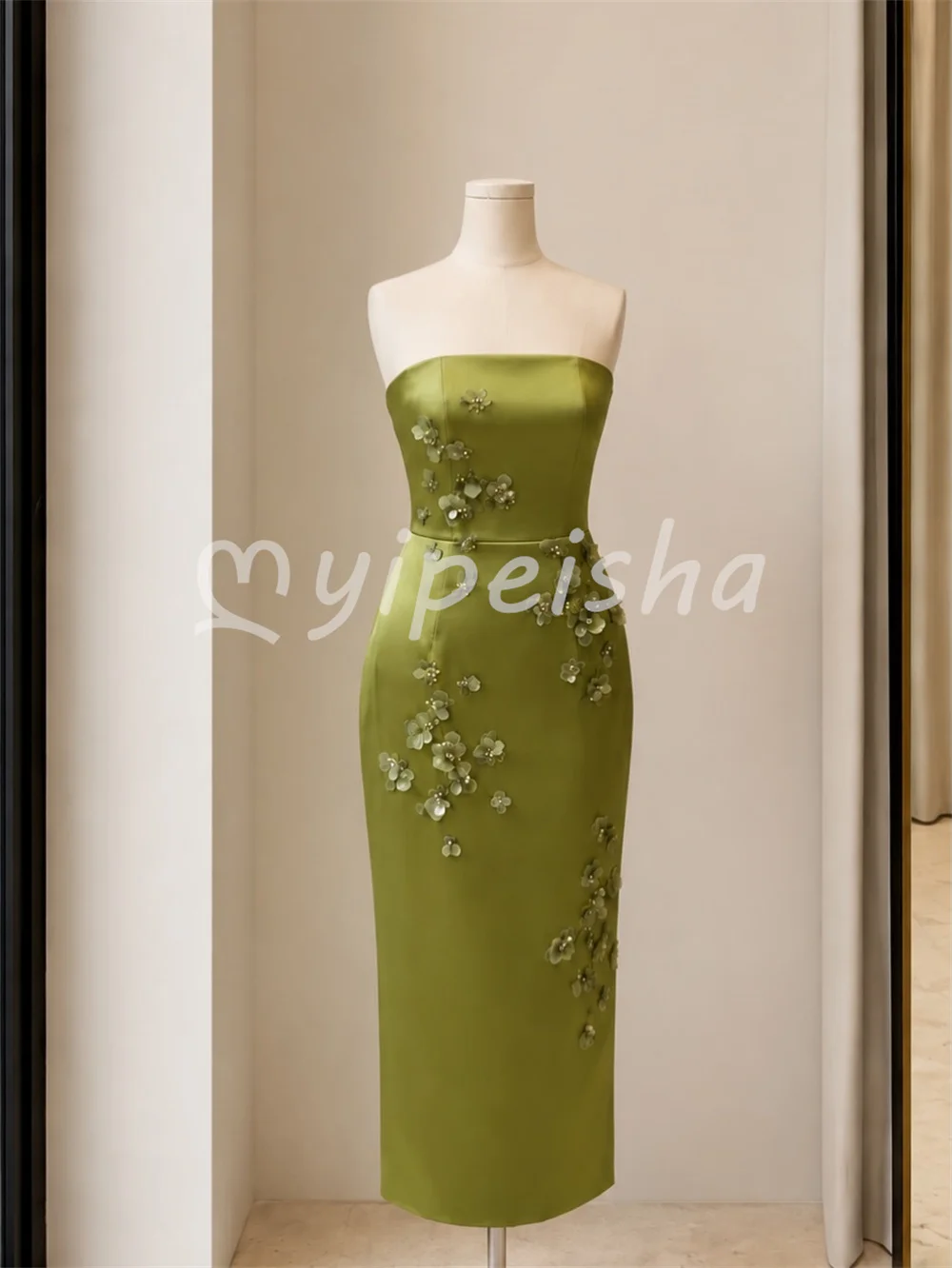 Green Exquisite Matching Charmeuse Shawl Flower Sequined Beading Column  Ankle Length Evening Dresses for Woman Customized