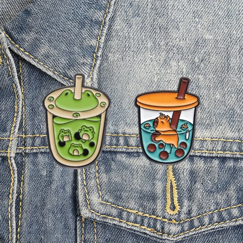 Niedliche Bubble-Tea-Tier-Emaille-Anstecker, Kawaii-Cartoon-Getränkebecher-Pins, wilde Haustier-Charakter-Broschen, Reversnadel-Set, Geschenk für Freunde – Detail 4