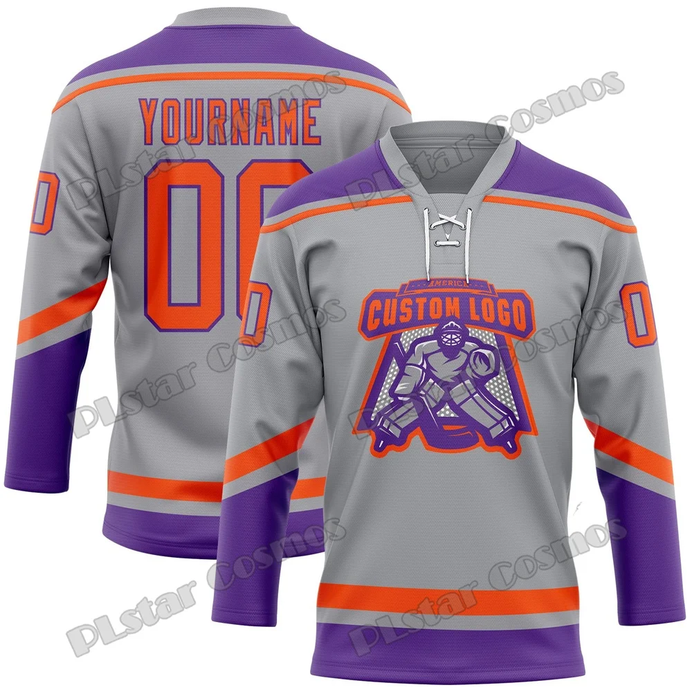 Custom Logo & Name 3D Printed Men's Hockey Jersey Gray Purple Gold Lace Neck Design Summer Unisex Fashion Sport Team Shirt YU20 view 3