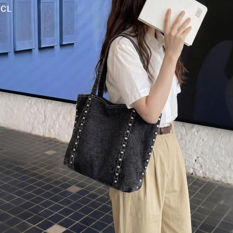 AttireTroveNew Large Capacity Rivet Handbag Women's Tote Bag Retro Handbag Soft Denim Material Zipper Opening Daily Use