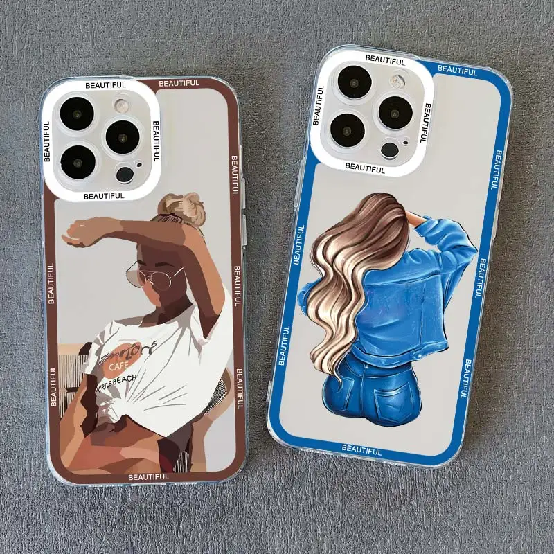 Pretty Girl Clear Phone Case For iPhone 11 12 13 Pro Max 15 14 Pro Max Plus X XS XR 7 8 Plus SE 2020 Transparent Back Cover Capa
