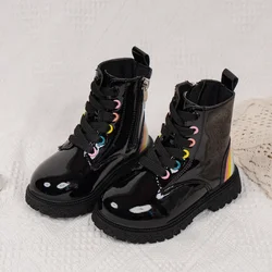 Kids Fashion Ankle Boots for Boys Girls Autumn Winter New Rainbow Color Rubber Boots Zipper Children Boots Black Glossy Leather