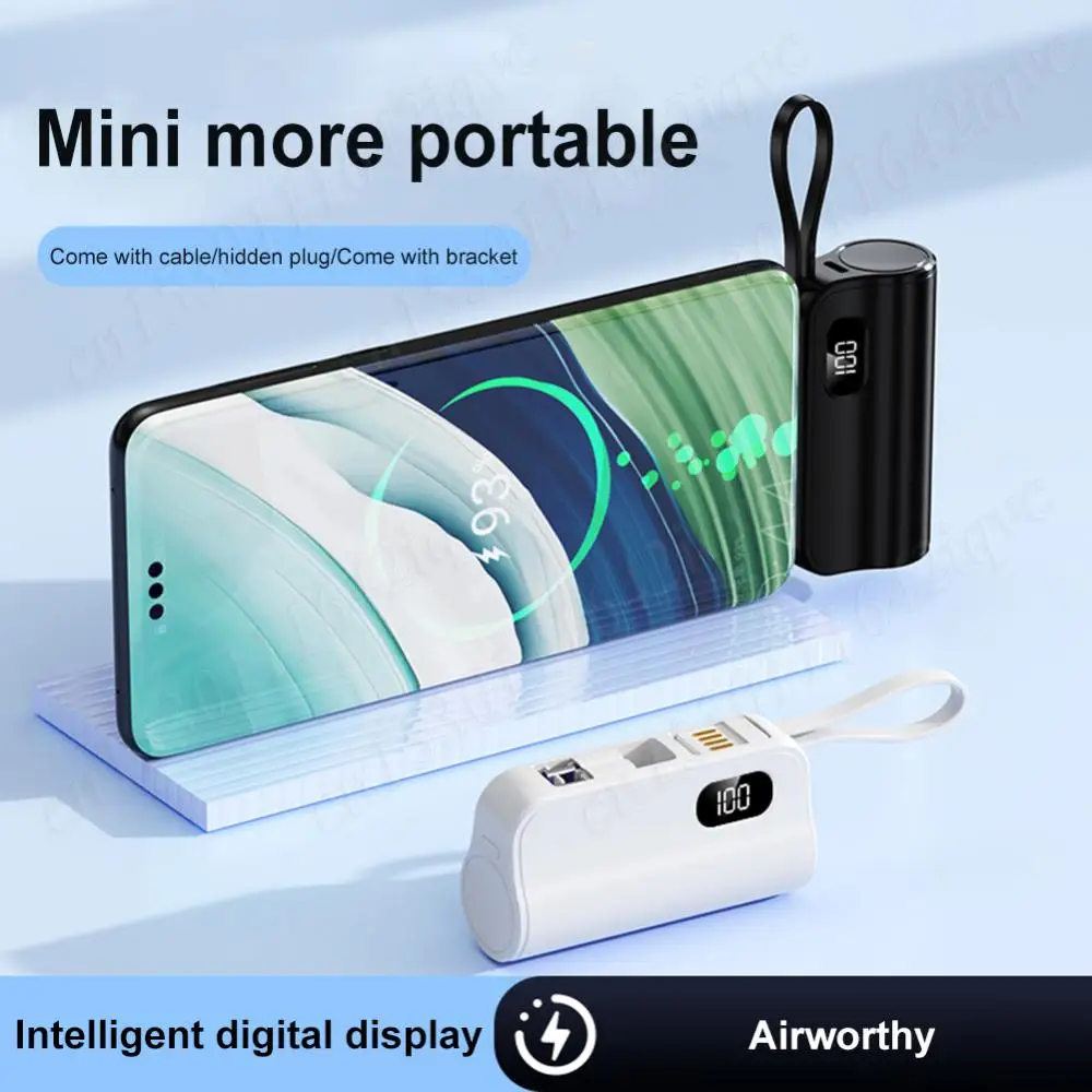 10000mAh Mini Power Bank Built-in USB-C & 8 Pin Connector Mini Capsule PowerBank Charging Bank for IPhone Samsung Xiaomi