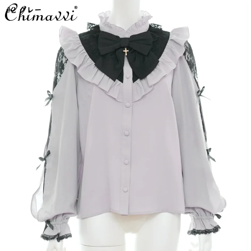 

Japanese Sweet Lolita Shirt Spring and Autumn New Tie Cross Bowknot College Style Shirt Cute Girls Women Elegant Top